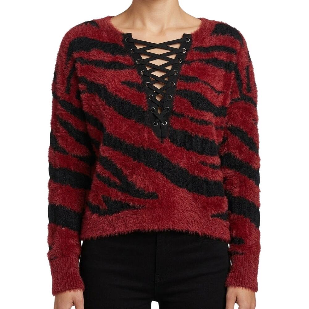 Express Red Black Tiger Stripe Lace Up V-Neck Fuzzy Eyelash Crop Sweater Size XS